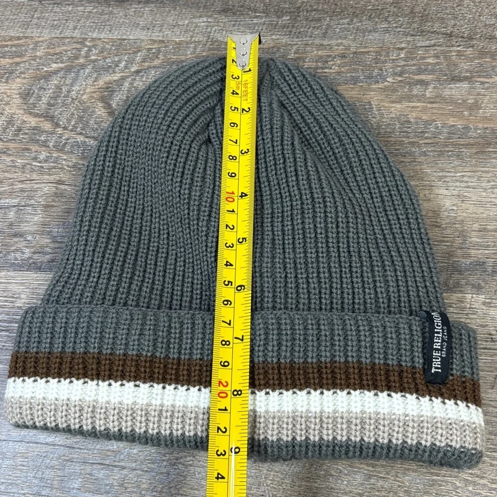 True Religion Sherpa Lined Knit Beanie Hat | Gray Cream Brown | Winter Cap